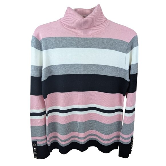 Investments Turtleneck Sweater Medium Long Sleeve Pink Black White Striped - Picture 1 of 9